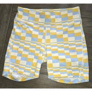 Outdoor Voices Checkered Bike Shorts Womens M Yellow Blue White Athletic